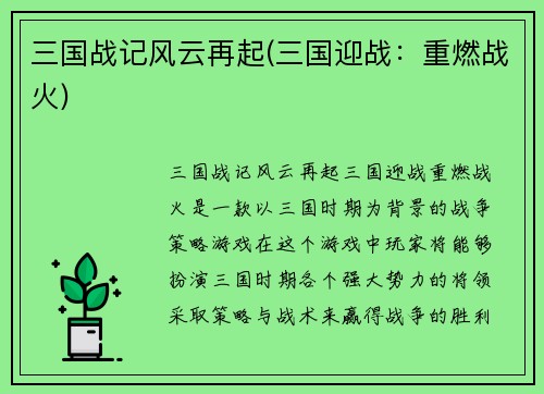 三国战记风云再起(三国迎战：重燃战火)